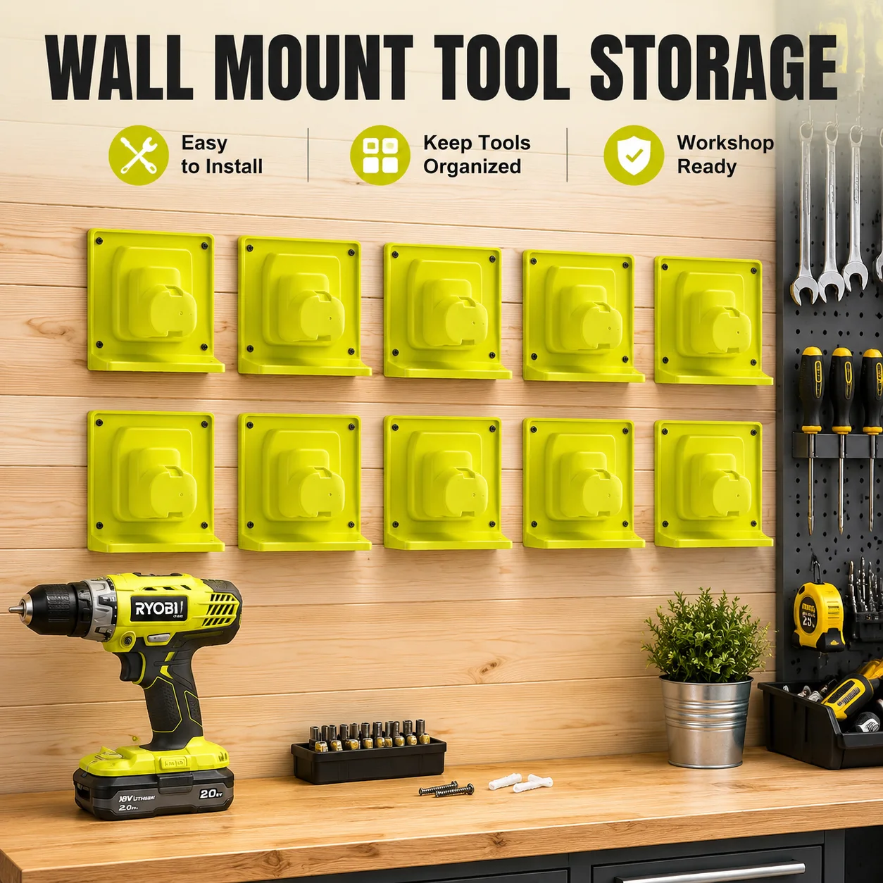 10Pcs Wall Mount Storage Rack for Ryobi 18V Lithium Battery Tool Holder Mount Hanger Storage Organizer for Workshop Garage