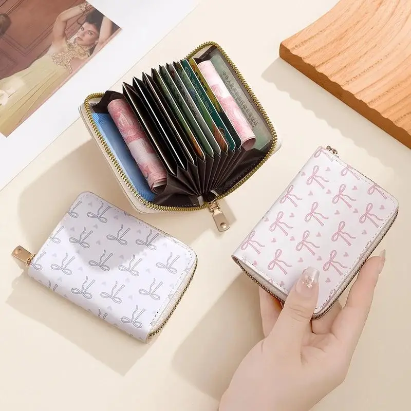 Cute Bow Print PU Leather Card Holder Wallet With Multiple Slots And Zipper Closure Perfect For Daily Use Shopping Travel