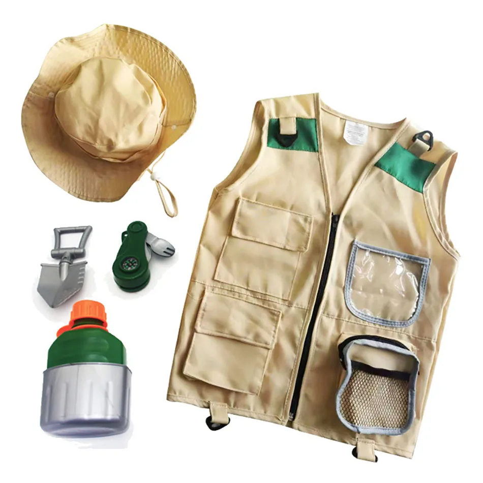 Children Adventure Costume Kit Including Explorer Vest and Fisherman Hat Sets Outdoor Exploration Archaeology and Bug Catching