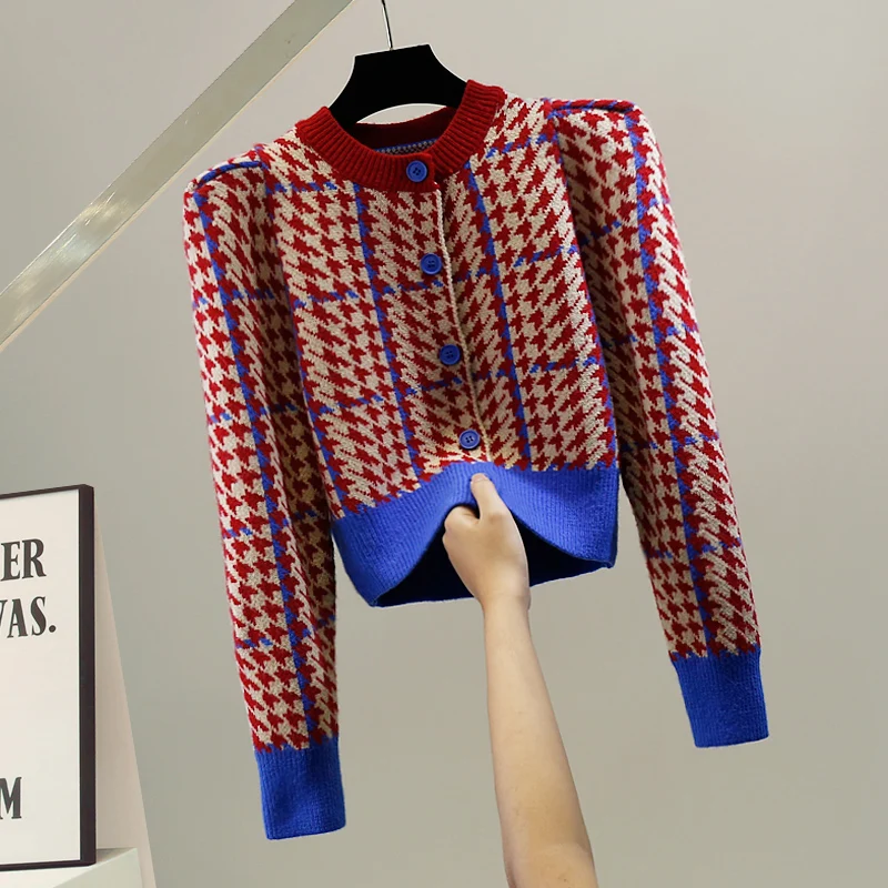 

Korean Sle Thiened Sweater Cardigan Sweet Bubble Sve Plaid Color Blo Casual Slimming Top round Ne Long Sve or...