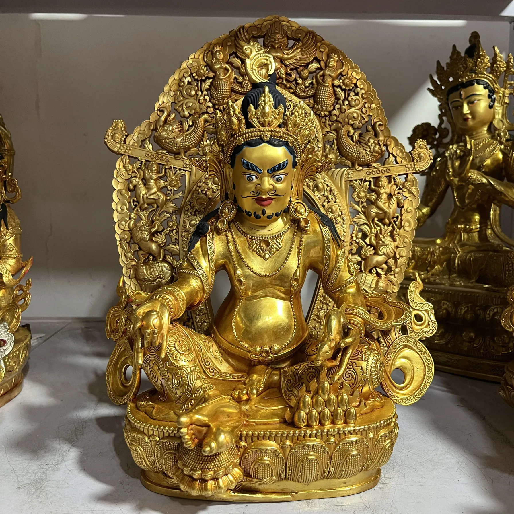 10 inch Yellow God of Wealth Xizang Craft Tibetan Tantra Copper Gilt Backlit Buddha Statue Ornament Buddhist Hall Household Budd