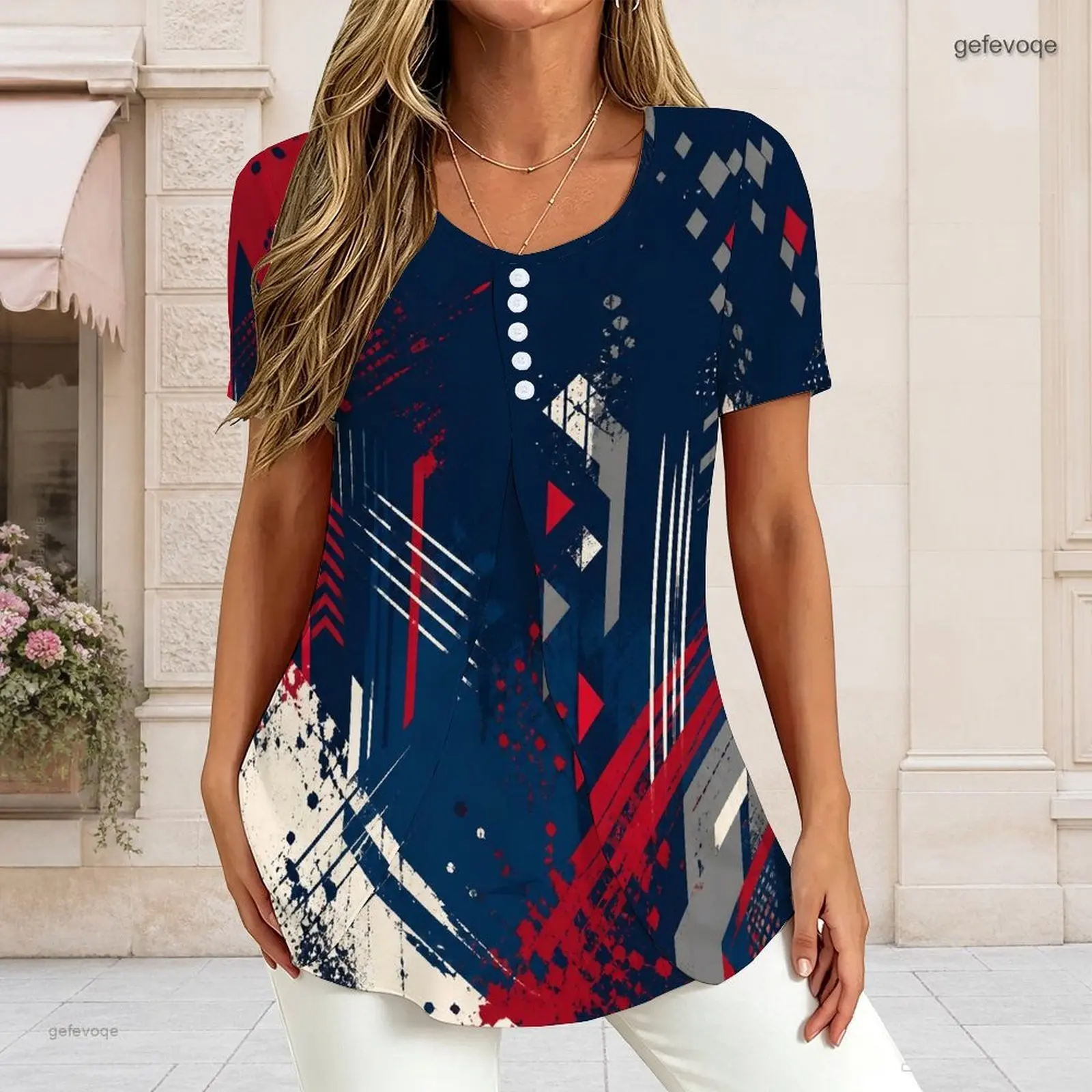 Women V Neck Short Sleeve T Shirt Half Button Placket Fake Two Piece Layered Curved Hem Loose Tunic Top Custom Print Ladies Casu