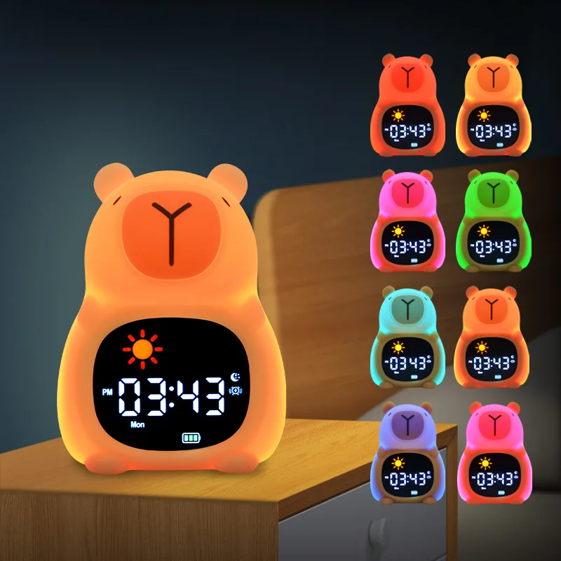 Alarm Clock With Night Light For Kids Sleep Training Sound Machine, Rechargeable Cute Animal Silicone Table Lamp For Boys Girls