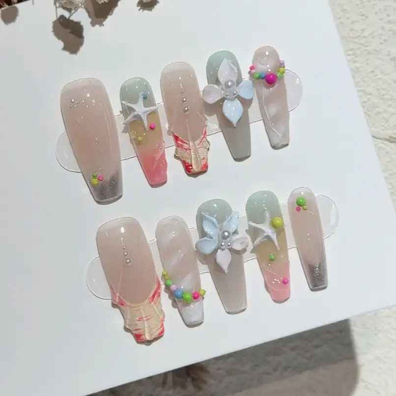 Hawaiian French Handmade Press On Nails Summer Beach Essentials 3D Embossed Floral Long Fake Nails Dopamine Pearl Wave Nail Art