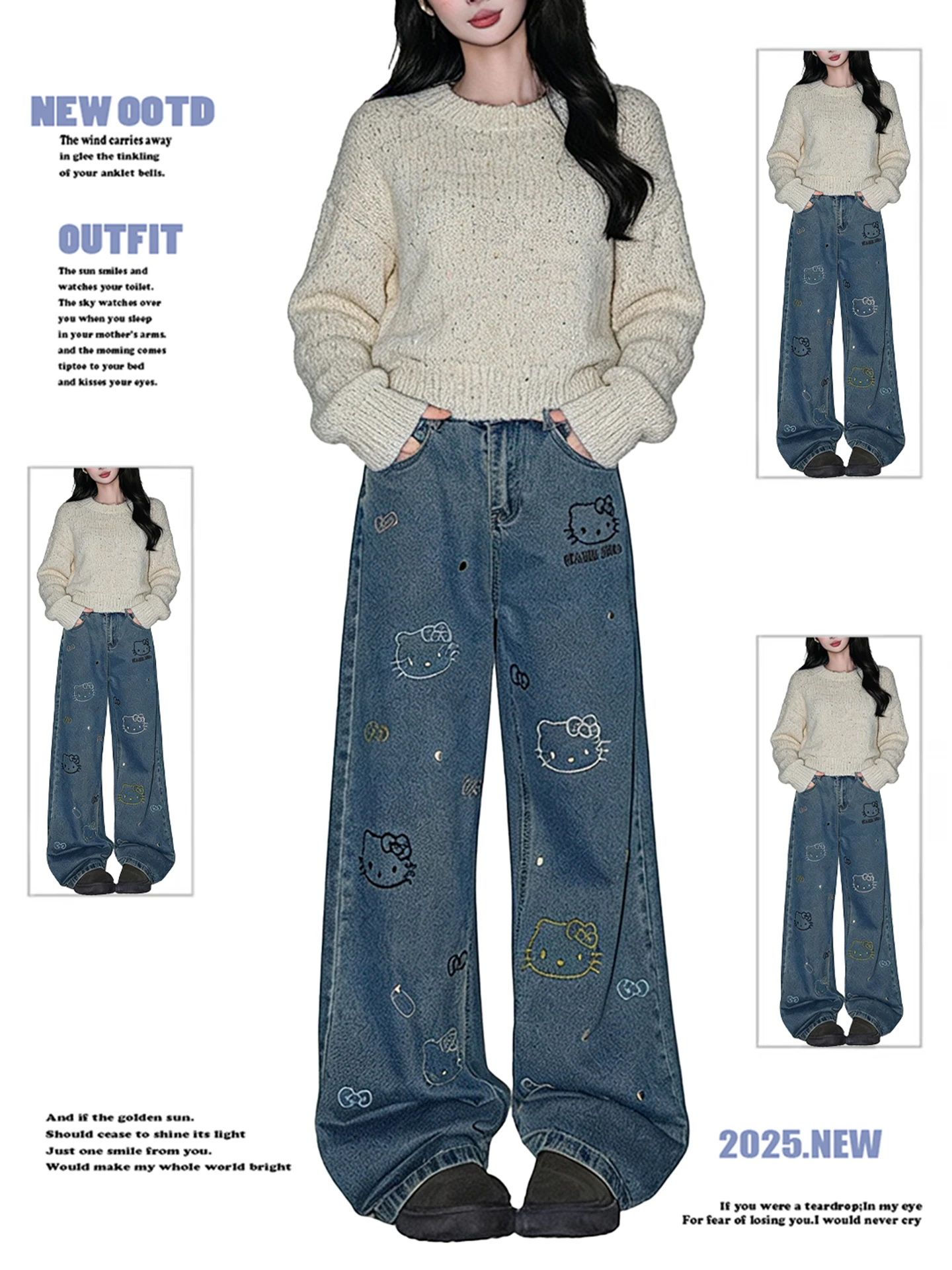 

plus Size American Sle Kit Embroidered Denim Pants Women's Autumn Winter Straight Leg Wide Leg Pants Slimming Effect