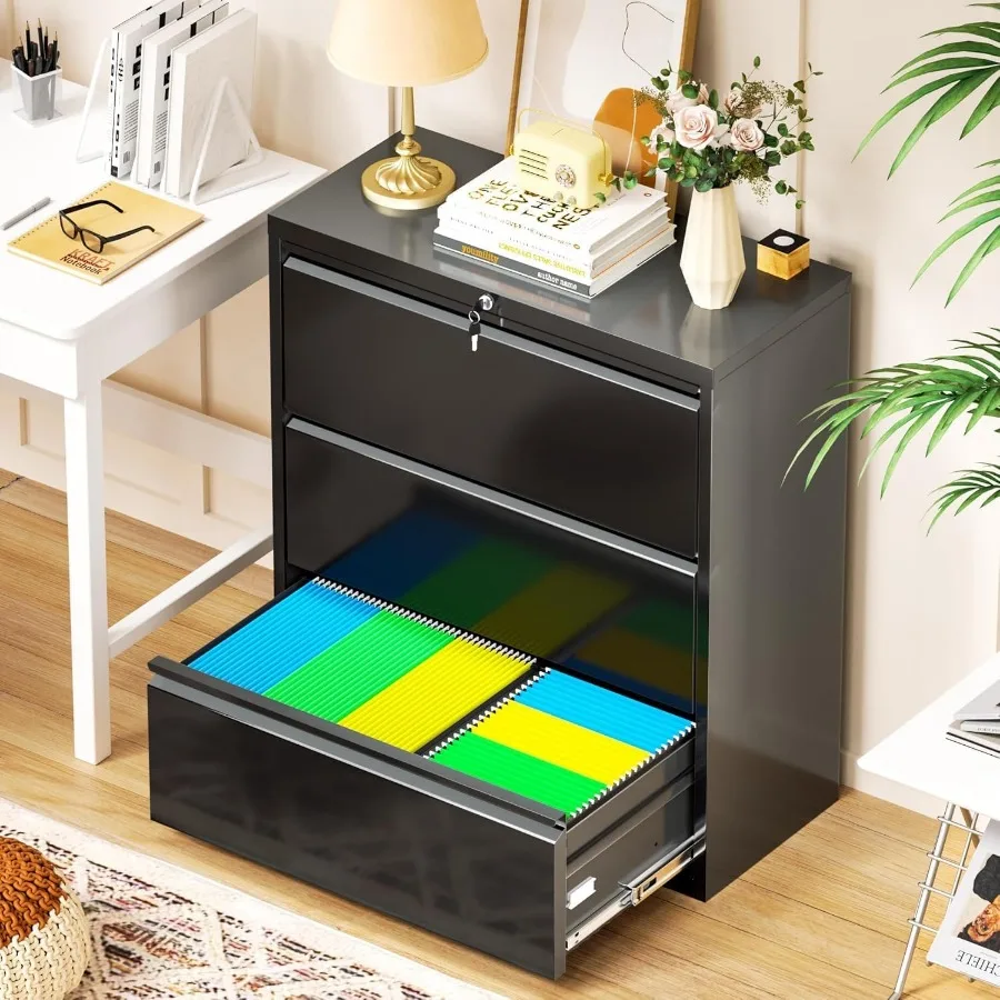 Drawer Lateral File Cabinet, 3 Drawer Lateral Filing Cabinet with Lock, Metal Wide Lateral File Storage Cabinet for Home, Offic