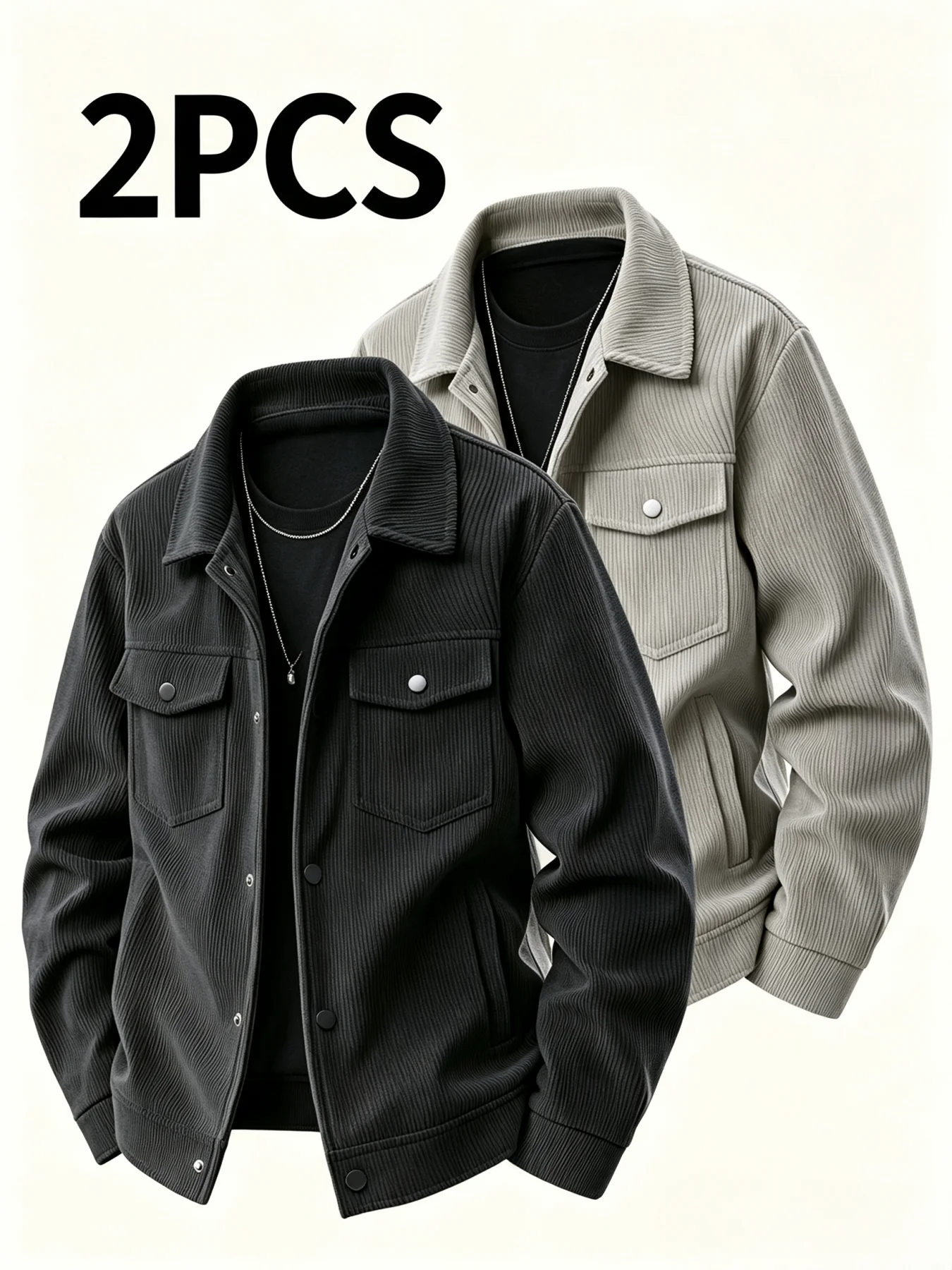 Herren-Cordjacke, 2-teiliges Set, lässige Oberbekleidung mit Umlegekragen und Knopfleiste, einfarbiges Design mit Taschen, ideal für den täglichen Gebrauch, Herrenmantel. – Detail 2
