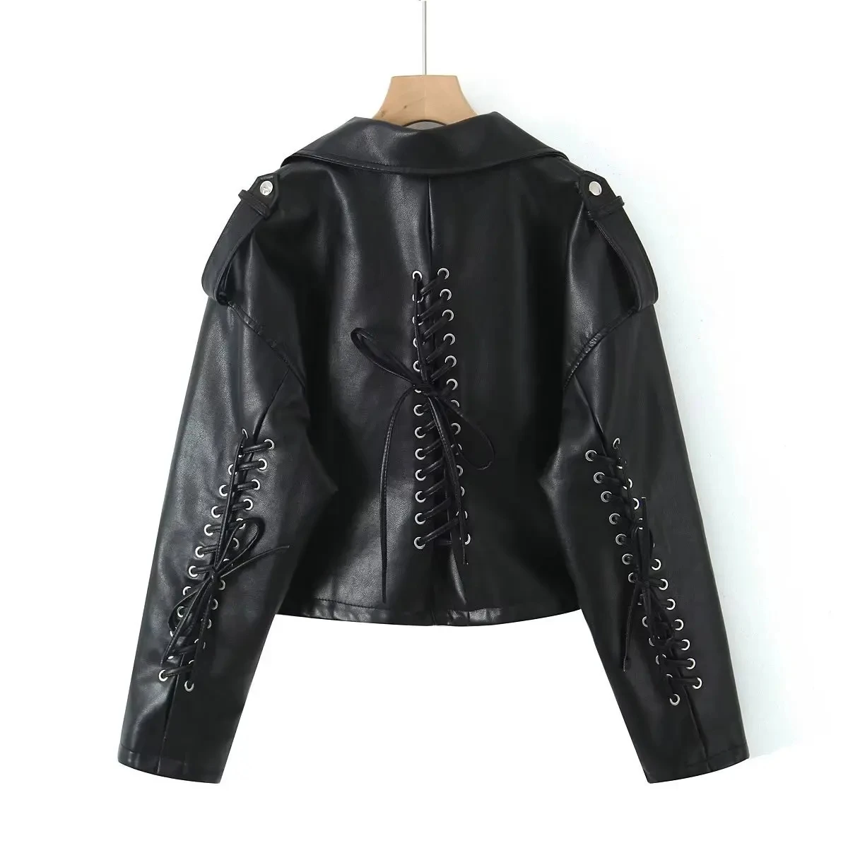 Vintage Bomber Jacket Women Lace Up Faux Leather Jacket Gothic Water Washed Moto Biker Coat Spring Autumn Women Clothing