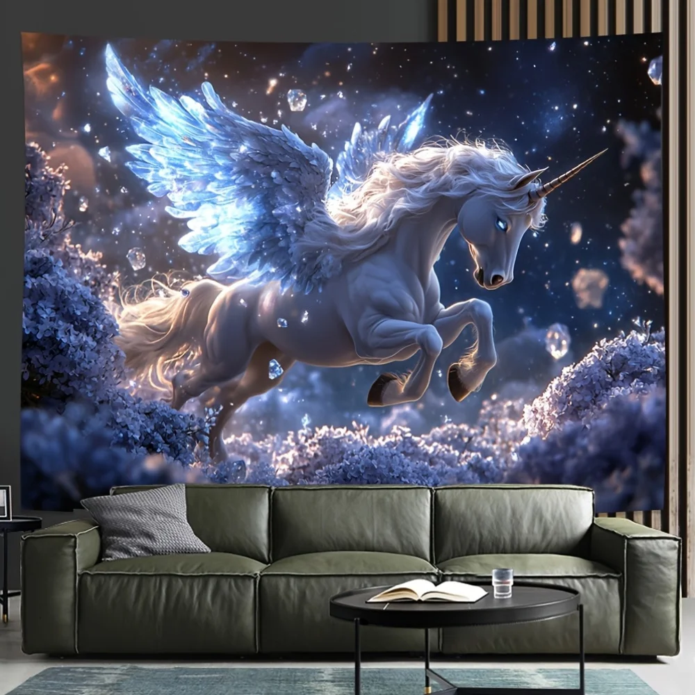 

A Beautiful Fantasy Illustration Backdrop Depicting a Surreal Dream Unicorn with Rainbow Wings, Perfect for Decorating Living Ro