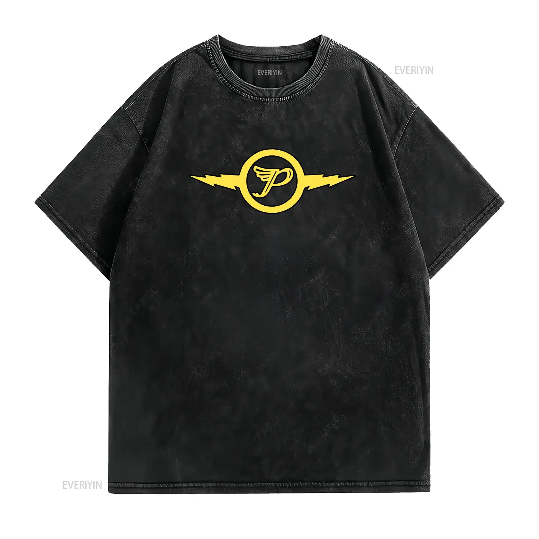 Vintage Biker Cool Lightning Winged Letter P Print Casual T Shirt vintage Washed Stretched Breathable Stylish Comfortable