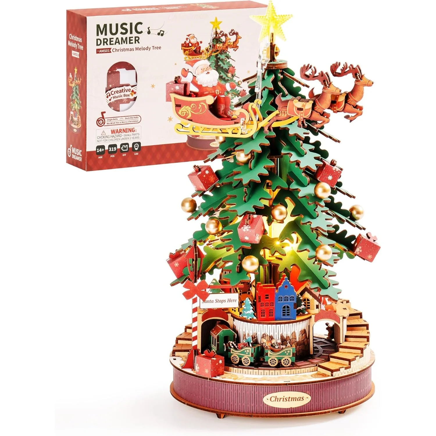 Rolife Wooden 3D Puzzle Toys - DIY Music Box Mechanical Model Building Kit Christmas Melody Tree Toy Craft Kit with LED Light for Home Decor Xmas Gift for Adults Friends