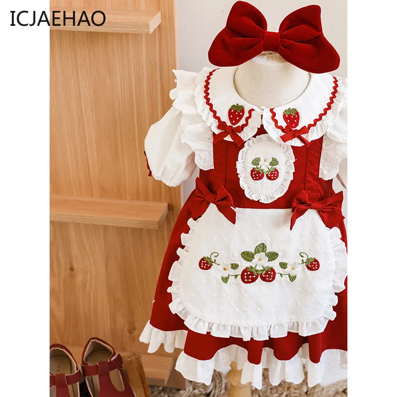 ICJAEHAO Kids Girl Lolita Strawberry Embroidery Dresses  Spanish Princess Elegant Parties Infant Easter Holiday Gowns Matching