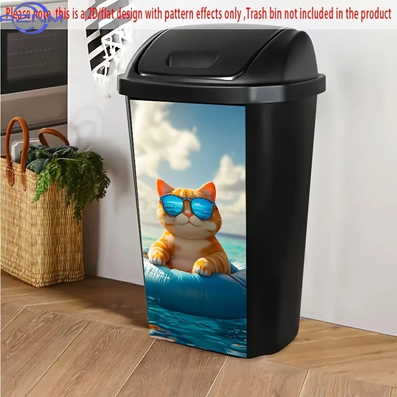 1pc 2D/FLAT Trash Can Sticker, .01 X  cm, Featuring a Relaxed Orange Tabby Cat Floating on The Sea with Sunglasses. Ideal for