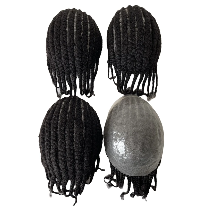 Reemplazo de cabello humano virgen brasileño para hombres negros, tupé de trenzas Afro, Unidad de PU completa, 1b