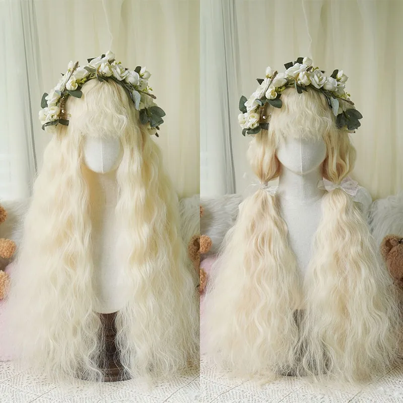 80cm Mori Girl Długa falista brązowa peruka z grzywką Syntetyczna Lolita Cosplay Puszysta naturalna żaroodporna peruka do włosów na codzienną imprezę