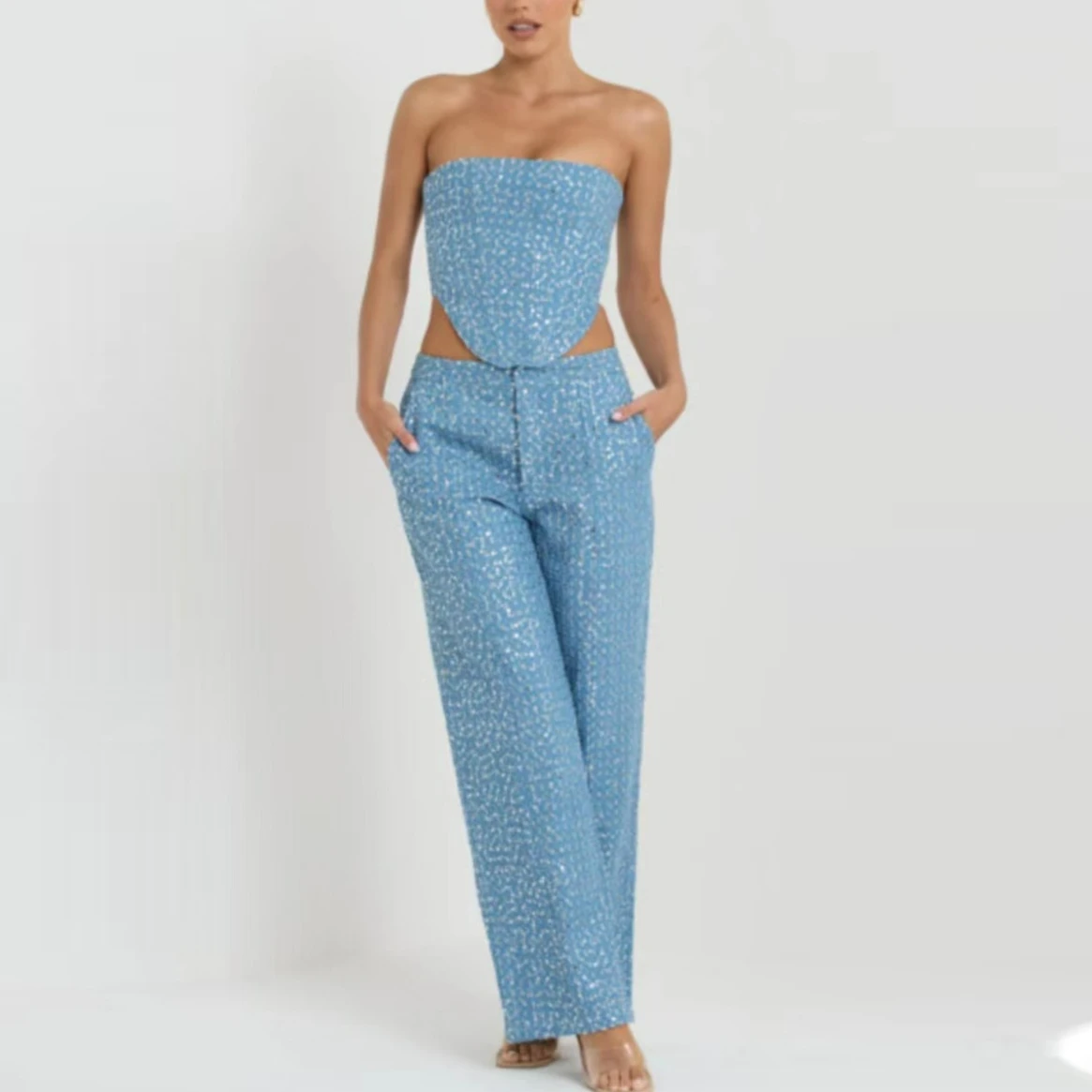 

Denim Cut Out Sequin 2 Pieces Set Women Sexy Bodycon Tube Top and Wide Leg Pants Suit Spring Summer Outfits Fashion 2024