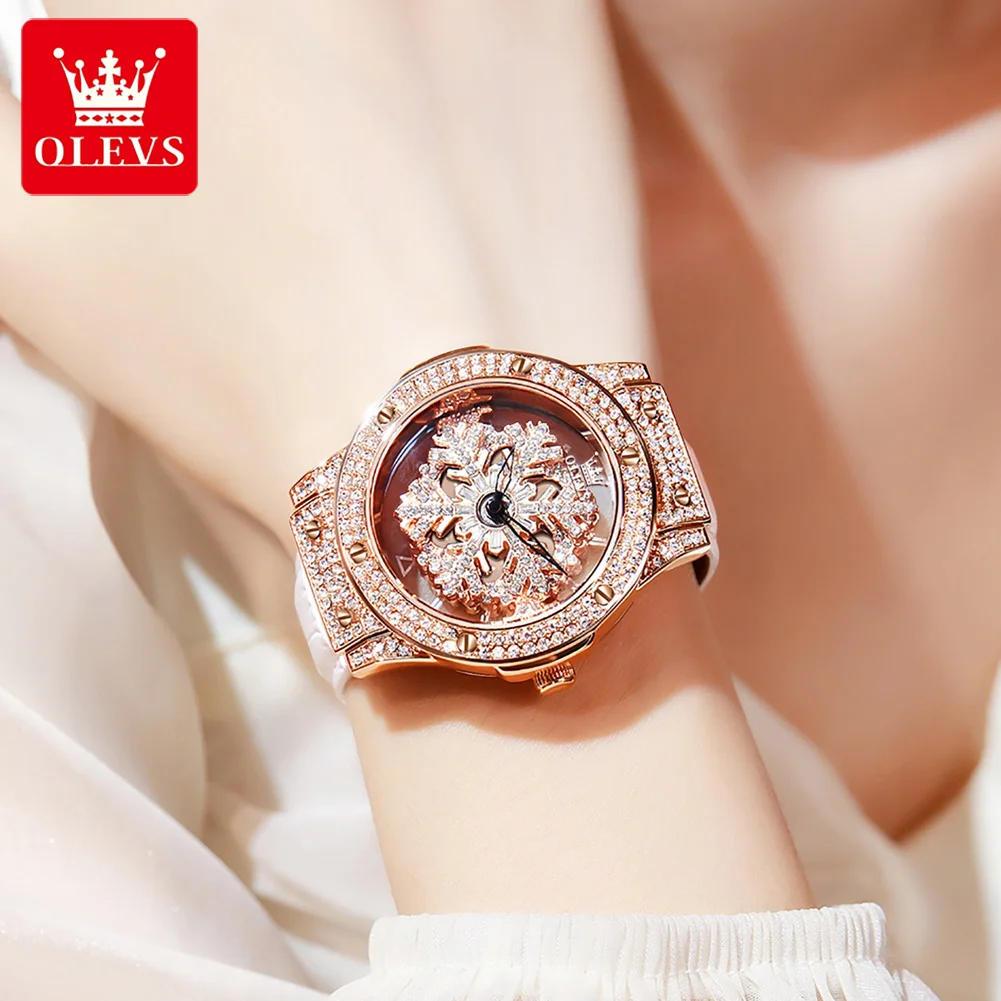 OLEVS 9938 Esfera giratoria esqueleto hueco relojes de mujer de lujo resistente al agua reloj de pulsera de diamante para mujer reloj de cuarzo de tendencia para mujer