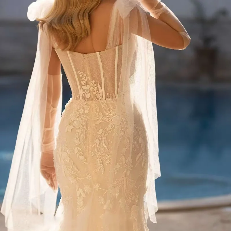 Robes de mariée sirène de luxe personnalisées, avec traîne détachable, 2 en 1, avec des appliques en dentelle, sur mesure