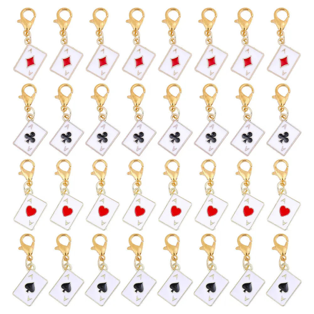 32 Pcs 4Styles Enamel Poker Card Pendant Hearts Playing Cards Pendant Alloy Enamel Poker Card Charms Pendant With Lobster Clasps