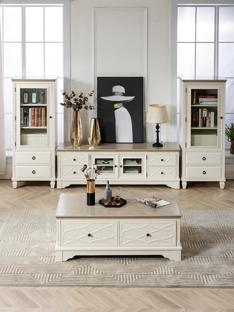 

American solid wood carving flower coffee table TV cabinet combination light French cream holiday home furniture small apartment
