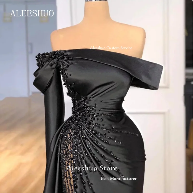 Aleeshuo-vestido de graduación negro sin tirantes, vestido de noche de sirena con cuentas de un hombro, vestido de fiesta Formal de Arabia Saudita, largo hasta el suelo