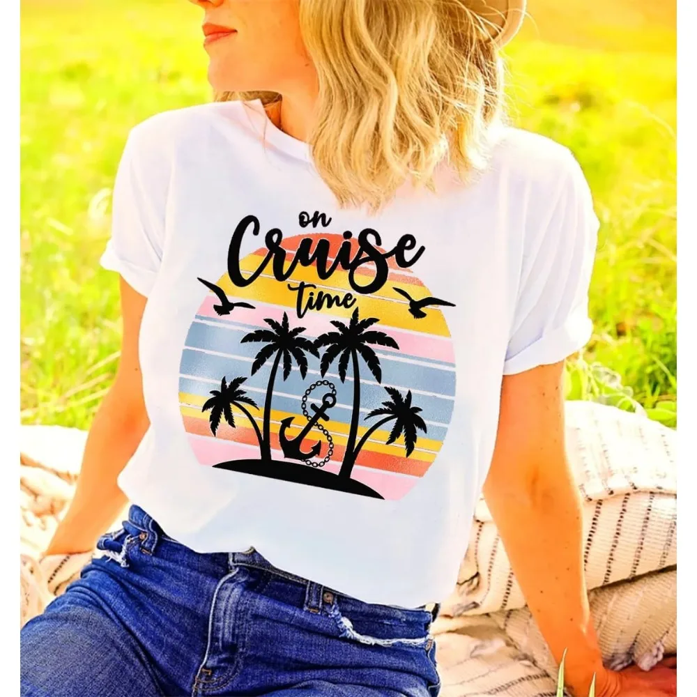 On Cruise Time T-Shirt Women Coconut Tree Graphic 100% COTTON Tees Summer Vacation Shirt Beach Praty Tops Family Cruise Shirts