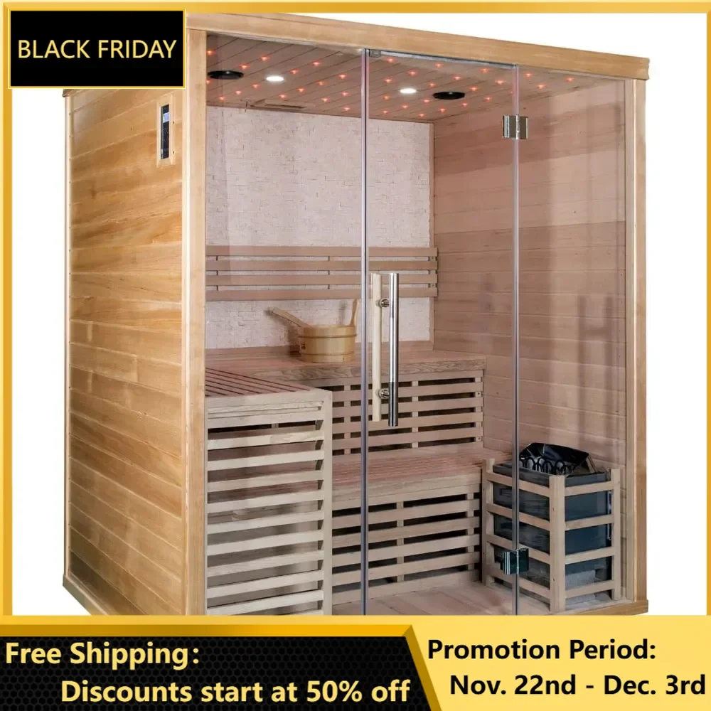 Hemlock Wood Traditional Wet or Dry 4-5 Person Glass Wall Sauna, with 6KW Heater, Rocks, Water Bucket, Ladle, LED Lights, Sauna