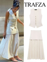 TRAFZA 2025 Summer Women's High Waist Spliced ​​pleated Skirt Set Retro V-neck Single-breasted Slim Suit Vest Women's Streetwear