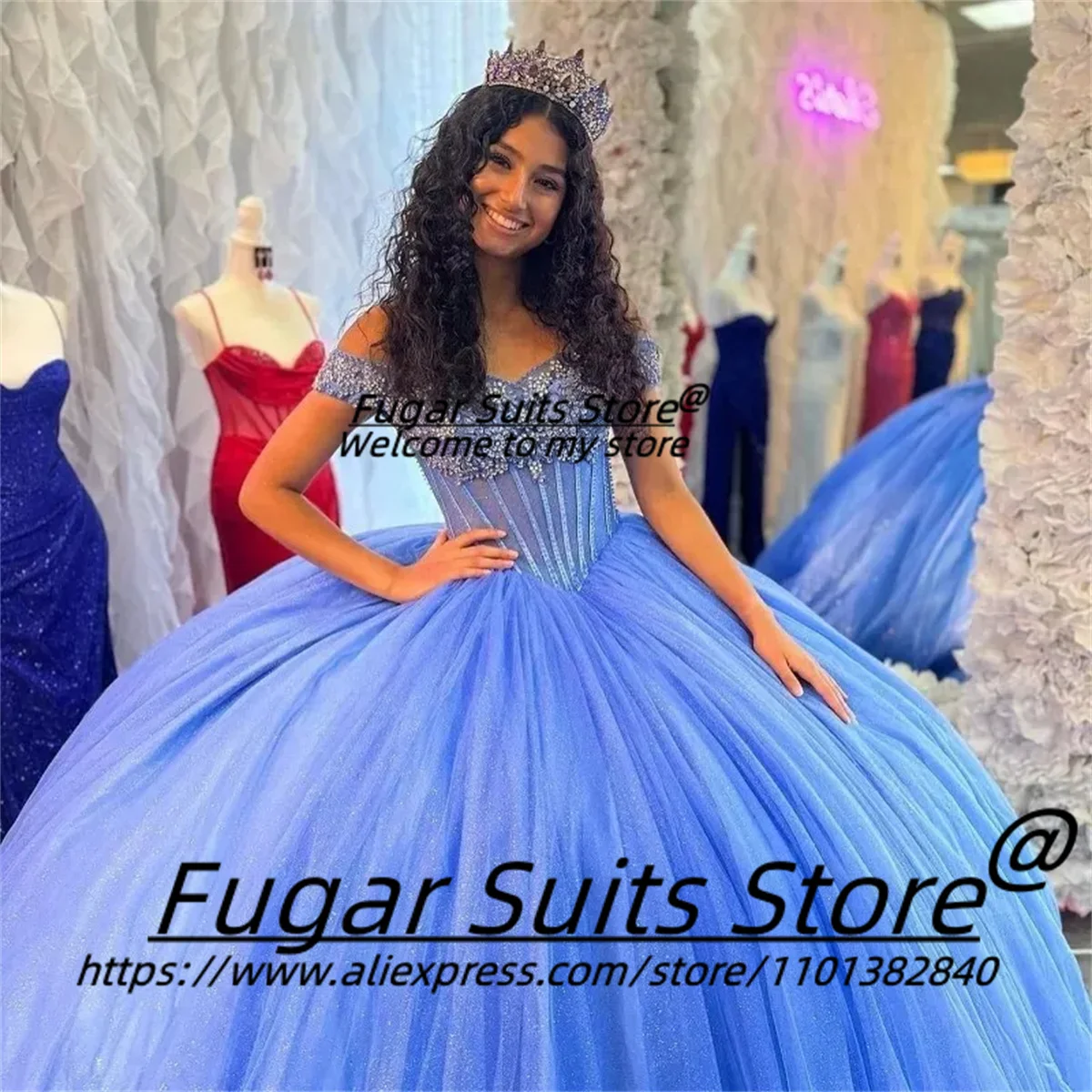 Blue Princess Quinceanera Dresses Luxuly Beading Lace High-end Prom Party Off-Shoulder Gown evening dresses woman elegant