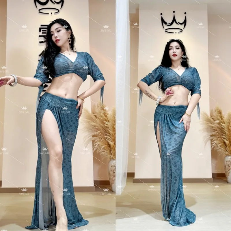 

Индивидуальный топ и юбка из 2 предметов, костюмы для танца живота, тренировочное платье, серо-синий сетчатый комплект с хризантемой, платье для восточных танцев