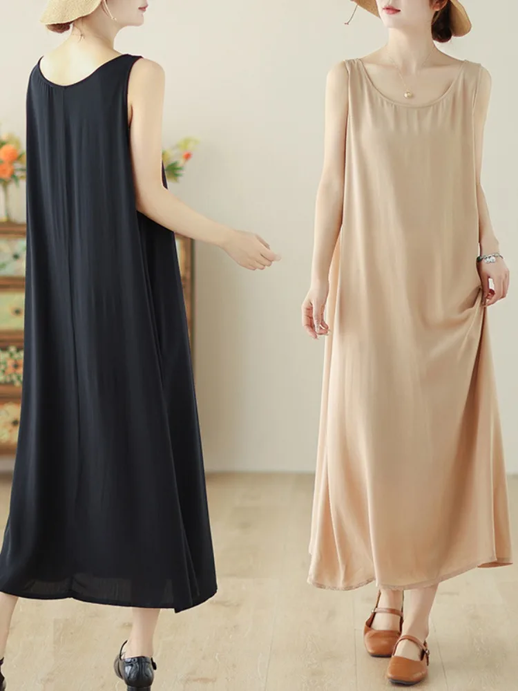 

Women's Cotton Linen Sleeveless Vest Dress Outerwear Strap Base All-Match Top Summer Season Long Skirt round Neck Design