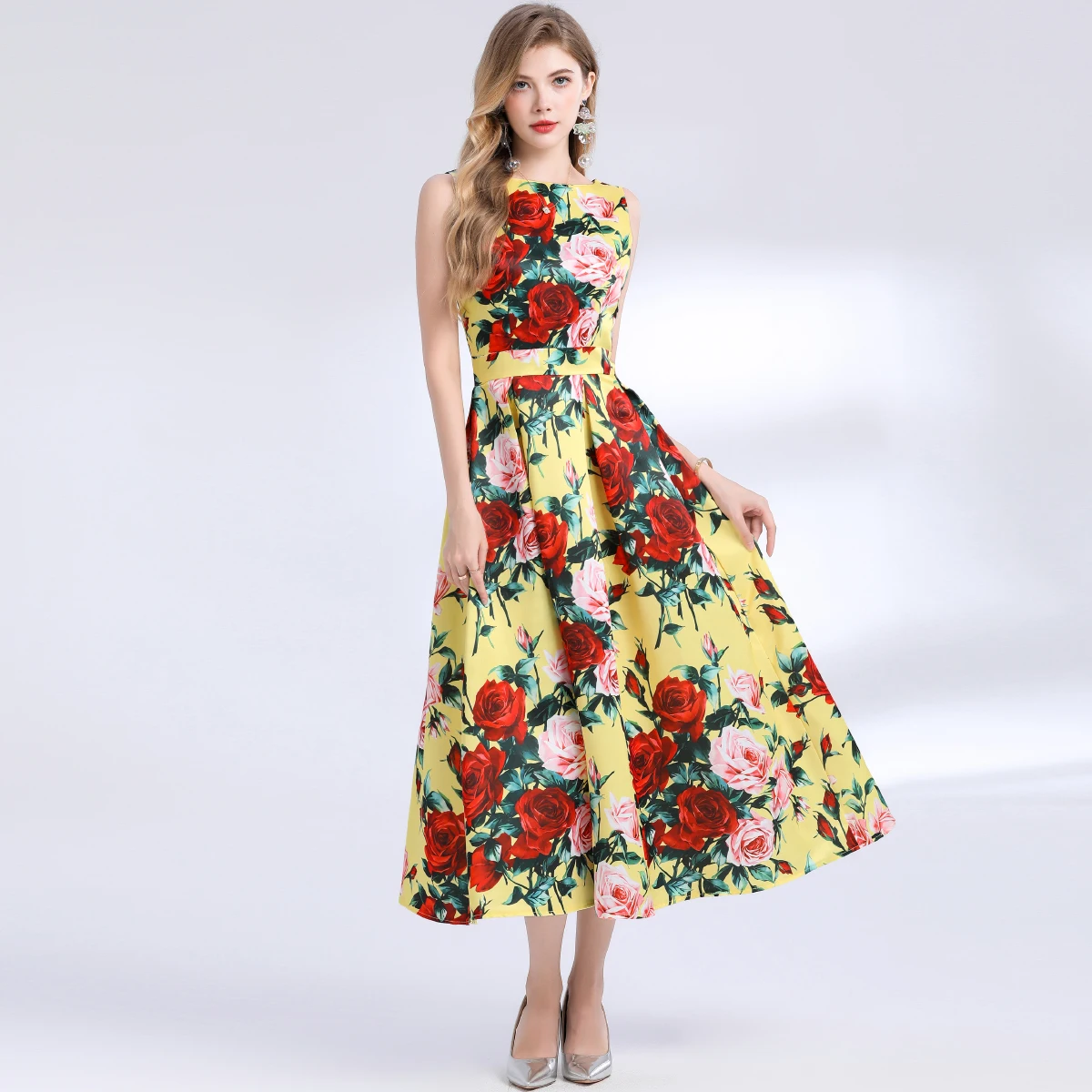 الفرنسية خمر الاصطدام الأزهار المطبوعة أكمام عالية الخصر اللباس أزياء تانك قطع سليم مطوي فستان طويل