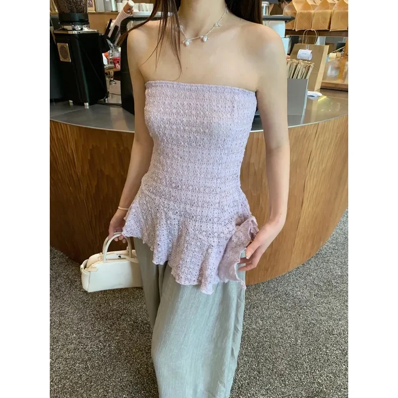 Women's Lace Embroidery Camisole Irregular Hem Slash Neck Sleeveless Solid Color Fashion Top