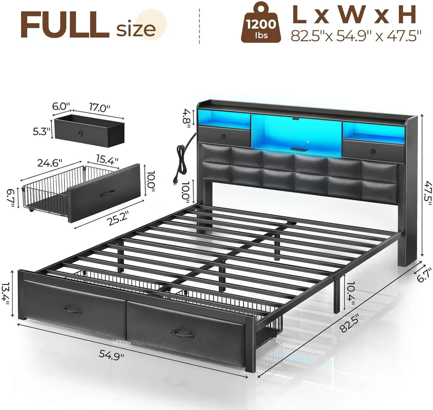 Estrutura de cama em tamanho real com gavetas e estação de carregamento, cama de plataforma estofada com cabeceira de armazenamento e luz LED