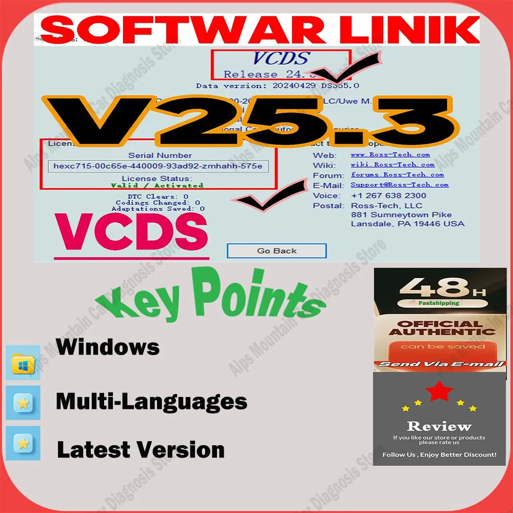 

VCDS VAG COM OBD2 Scanner VAG HEX V2 USB Interface for V/W Sk/oda Se/at - Multilingual Tool with Unlimited VINs Software Update