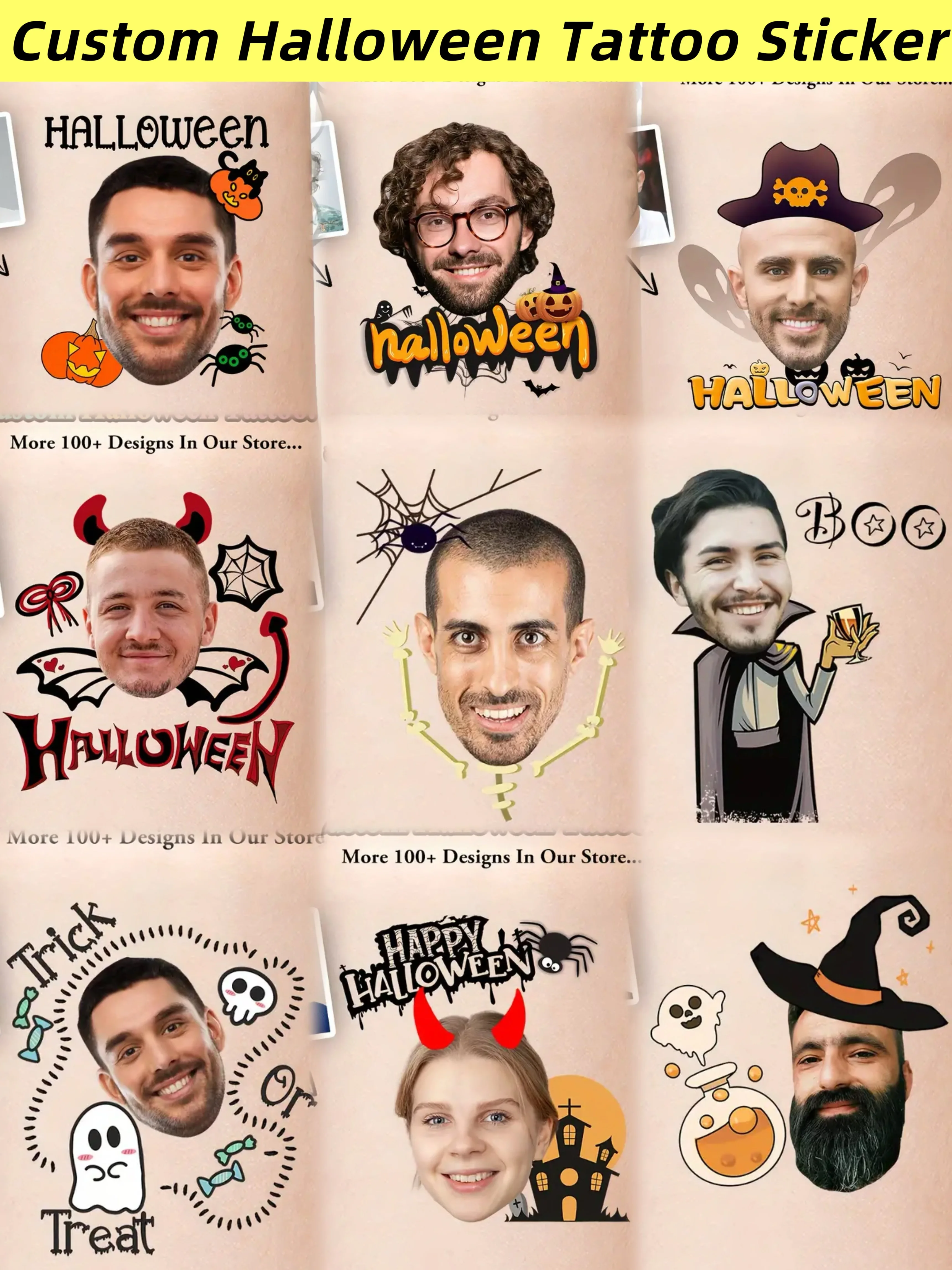 Naklejki tatuaże tymczasowe na Halloween z możliwością personalizacji: Dzień Zmarłych, świeca, duch, pajęczyna, nietoperz, czarodziej, dynia, oczy, makijaż imprezowy