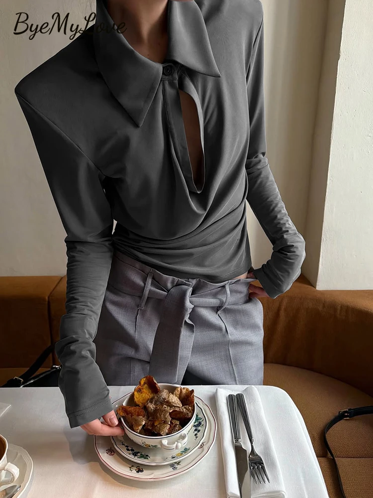 Women's Lapel Collar Long Sleeve Top Draped Cowl Neck Keyhole Slim Fit Vintage Shirt Elegant Office Daily Cropped Pullover