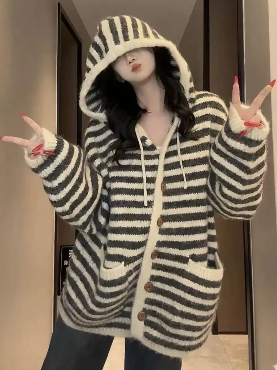 

Ladies' Hooded Striped Knitted Sweater Color Block Autumn Winter New Style Vintage Loose Fit Cardigan Top Coat for Women