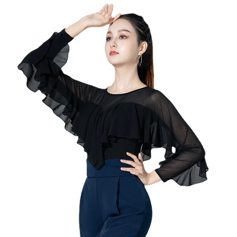 2023 NEW Adult Women Ballroom Costume Modern Latin Dance Top Chest Pad Long-sleeved Chiffon Lady Sexy Mesh Fabric Dancewear