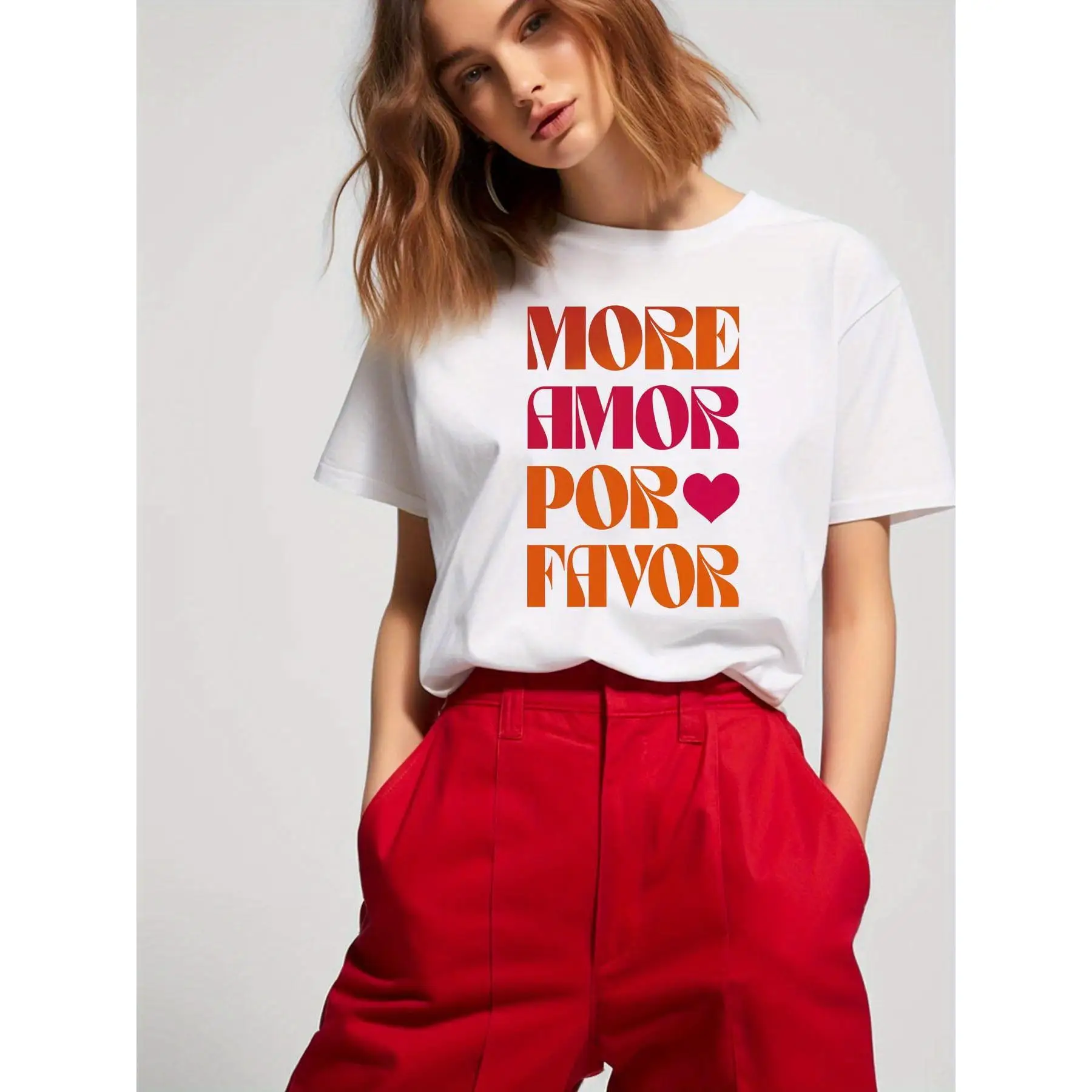 

Women More Amor Por Favor T-Shirt Spanish Quote Love Graphic Tee Positive Vibes Retro Pop Art Print Casual Top Gift