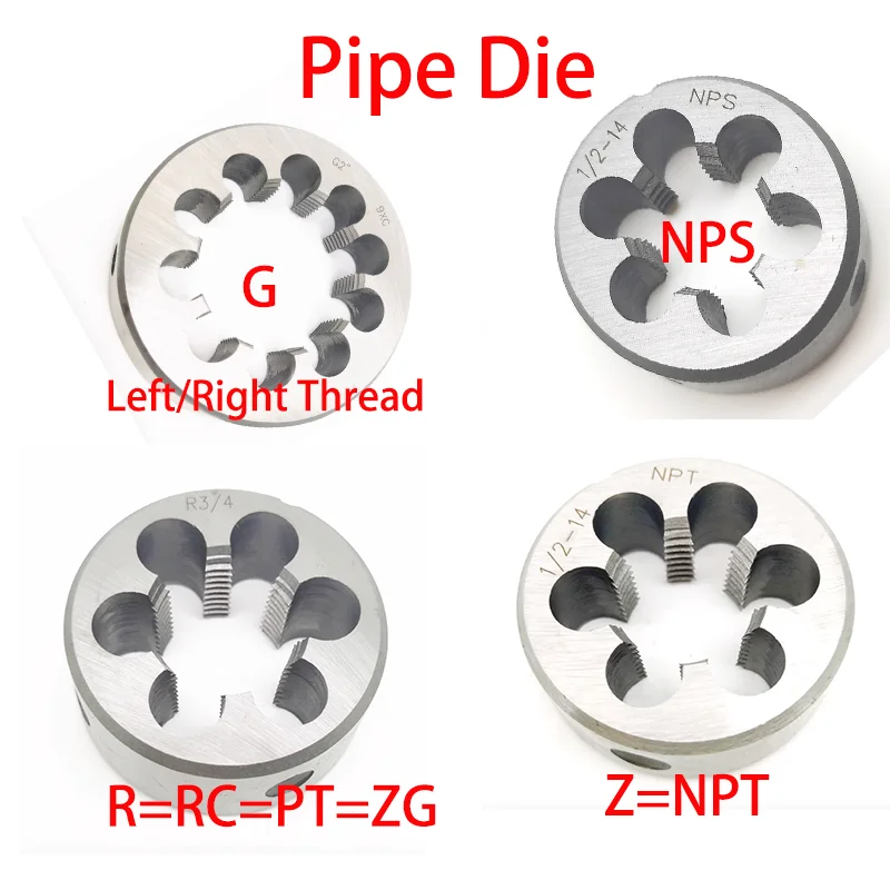 Parafuso de tubo direito esquerdo não ajustável, rosqueamento redondo morre, G, R, ZG, NPT, Z, NPS, 1, 16, 1/8, 1/4, 1/2, 5/8, 3/4, 7/8, 1 '', 1", 1 ", 1, 2", 2 ", 1", 2 ", 2", 2"