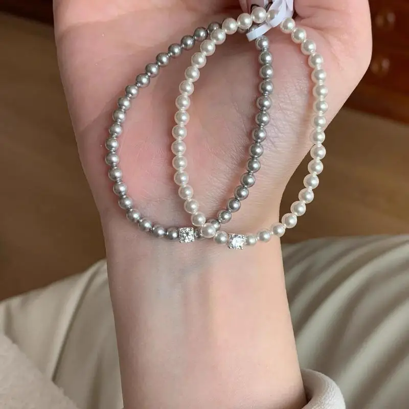 French Shiny Zircon Pearl Bracelet for Women Minimalist Handmade Beaded Jewelry for Office Daily Wear Gift for Her