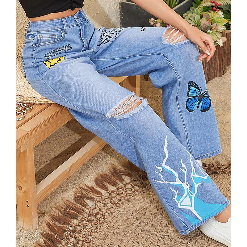 2024 frau Hohe Taille Harajuku Baggy Hosen Weibliche Gothic Breite Bein Jeans Mädchen Mode Punk Hellblau Streetwear Denim Hosen