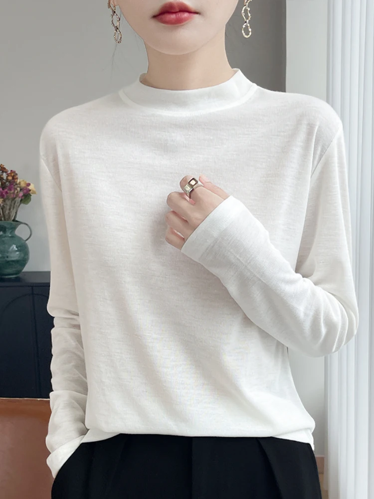 

Slim Fit f High Ne Knitted Top Women's Inner Wear Thin White Base irt Casual Commute Sle Long Sve Knitted T-irt