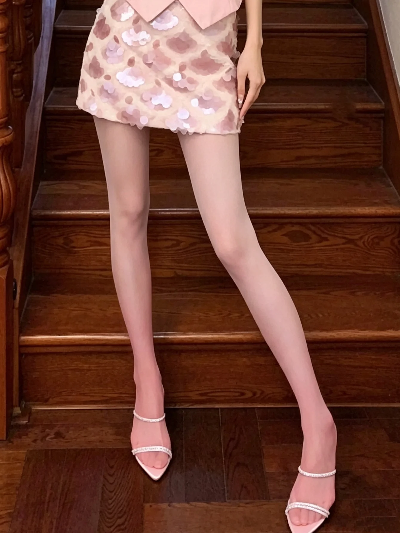 Women Thin Pink Gradient Tights Sheer Transparent Pantyhose High Elastic Sweet Slim Hosiery For Dating Daily Outfit
