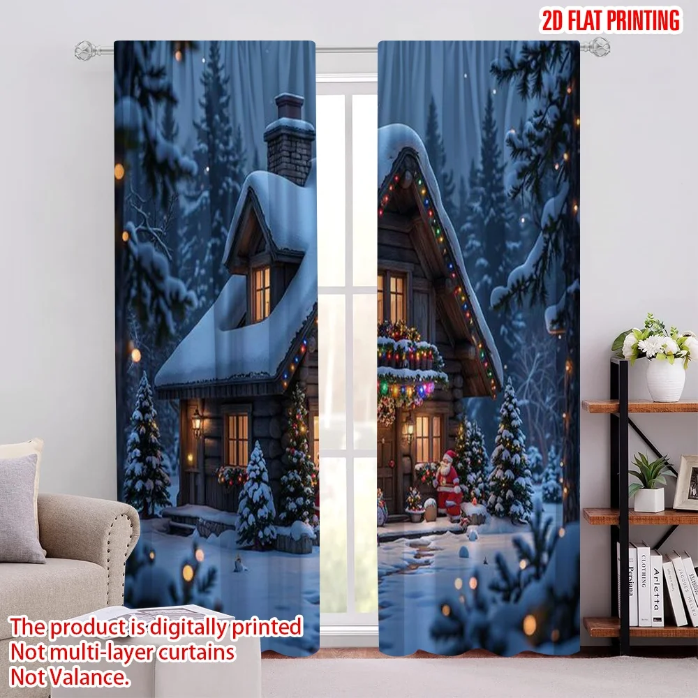 

2pcs 2D flat printing Christmas Curtains Santa Claus holiday scene Machine Washable Polyester Without Electricity Birthday Party