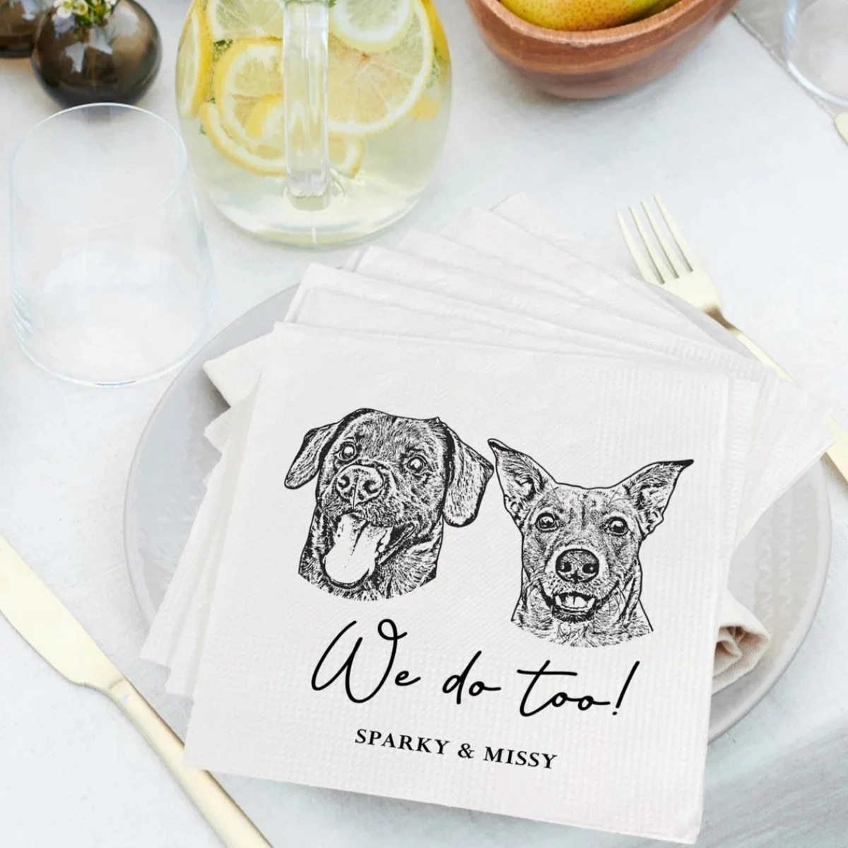 

50 шт. персонализированные иллюстрированные свадебные салфетки для собак, свадебный душ, помолвка, салфетки для бара на заказ, свадебные салфетки для домашних животных на заказ