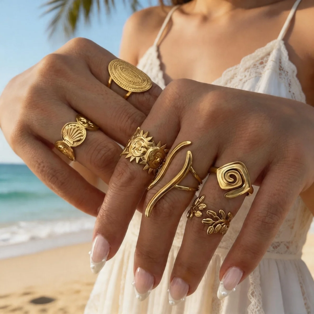 Vintage Edelstahl-Ringe mit Sonnenblumen- und Blattmuster für Damen und Herren, Punk-Mode, geometrischer Spiral-Oval-Fingerring, Schmuck – Detail 10