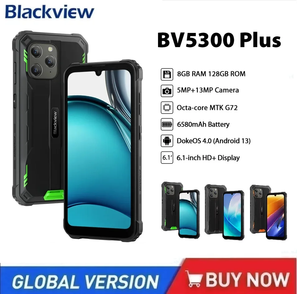 Blackview BV5300 Plus Smartphone robusto Android 13 Octa-core G72 Display HD da 6,1 pollici 8 GB 128 GB Telefono 13 MP 6580 mAh Cellulare NFC