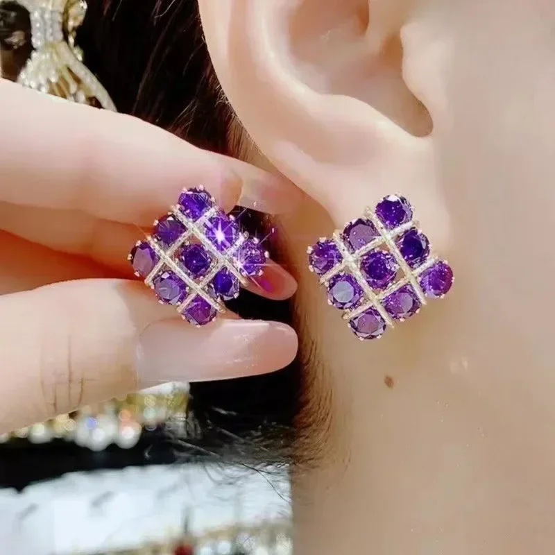 Luxurious Purple Zircon Square Nine-square Grid Earrings for Women Personalized Daily Accessories Party Jewelry Birthday Gifts